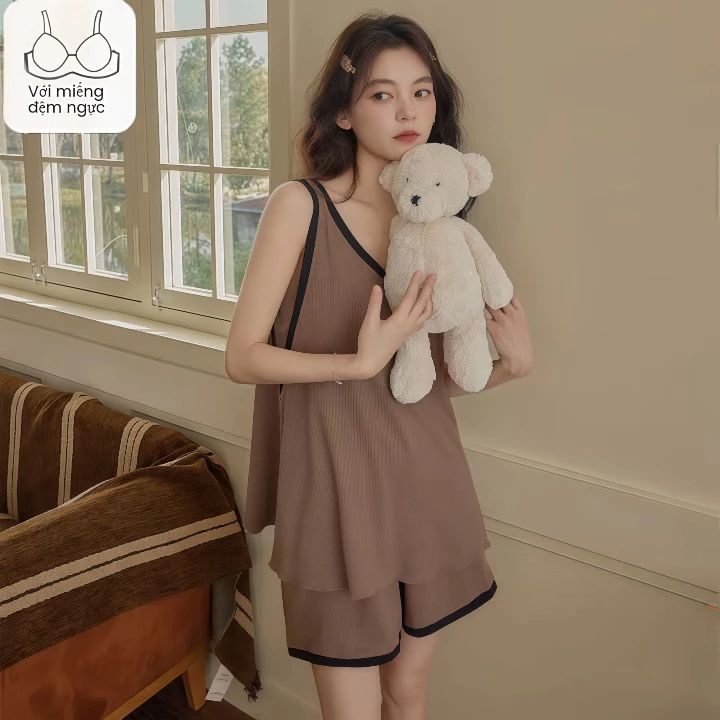 【Mã giảm giá-MI3PF738】Bộ Đồ Ngủ 2 Mảnh Mùa Hè Vải Mát Lạnh - Áo Ba Lỗ Có Sẵn Đệm Ngực & Quần Short, Phong Cách Học Sinh, Mặc Nhà & Đi Chơi Đều Thoải Mái