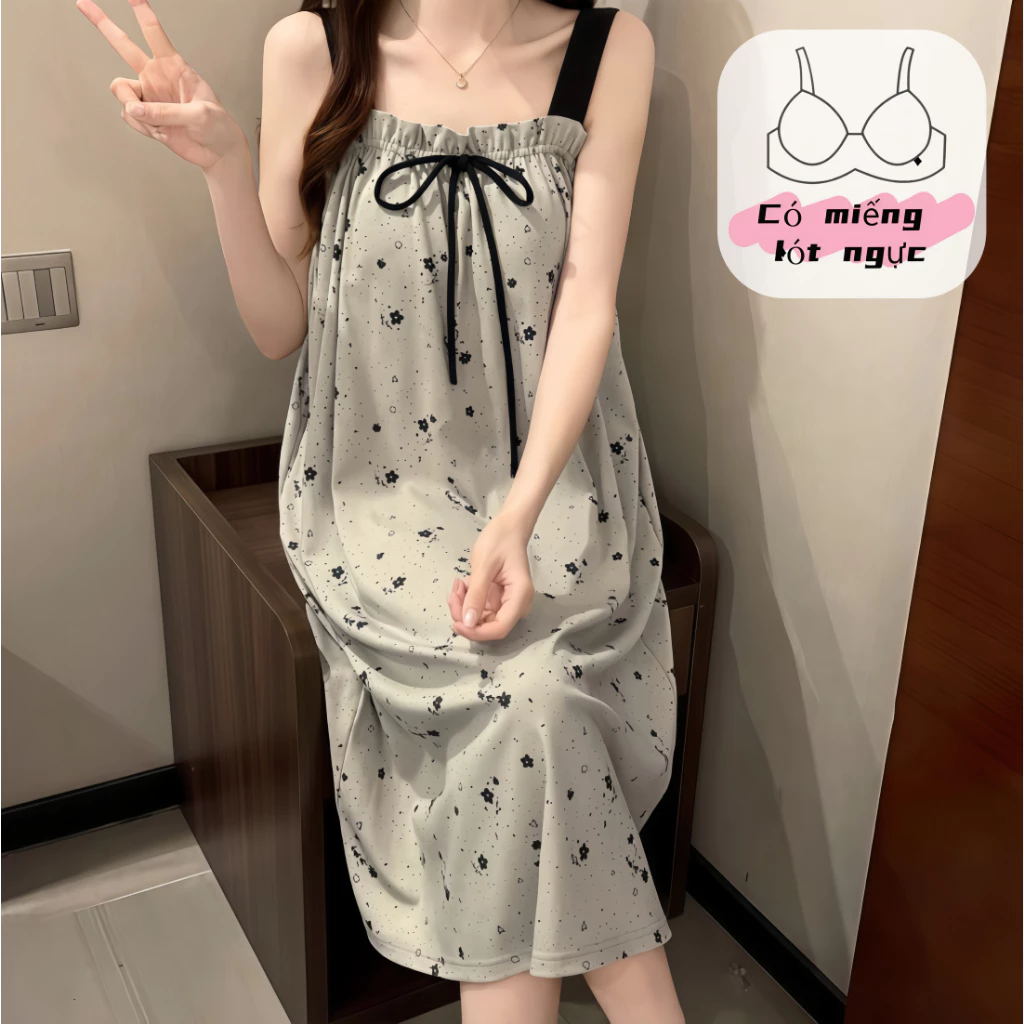 【Đầm ngủ có đệm ngực】Set đầm ngủ nữ dây cotton xuân thu in hình đáng yêu mặc nhà thoải mái chất liệu thoáng mát