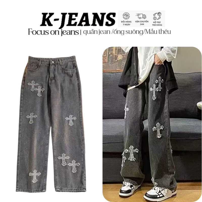 Quần jeans ống đứng baggy nam ống suông rộng màu xanh, đen vải bò dày dặn thiết kế thêu chéo