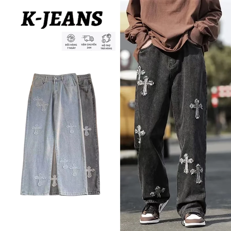 quần jean nam baggy ống rộng suông wash vintage đen xanh lam cao cấp vải denim thiết kế thêu chéo