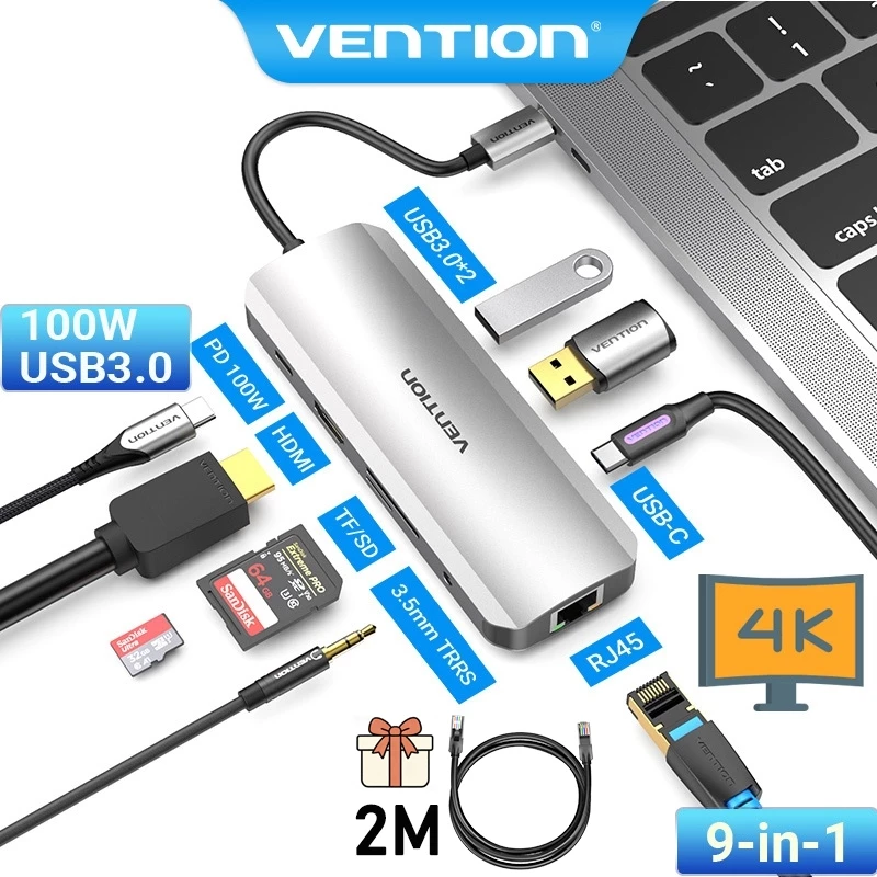 Hub USB C Vention Bộ chuyển đổi PD 100W 9 trong 1 type C VENTION với 4K HDMI 3 USB 3.0 Gigabit RJ45 Ethernet thích hợp cho Hub Huawei Matebook/Dell/Samsung