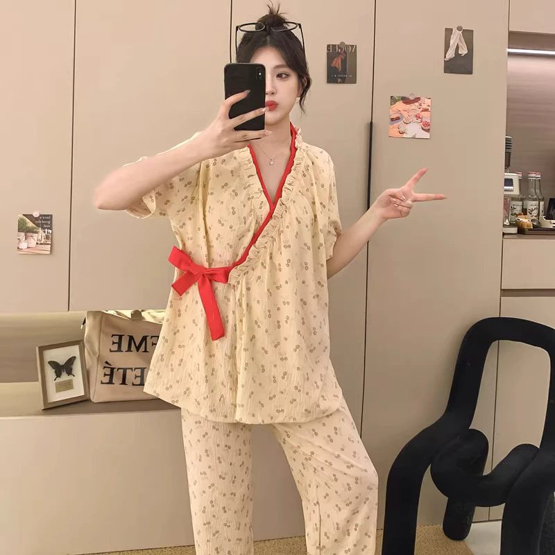 Bộ đồ ngủ mặc ở nhà thời trang tay ngắn quần dài chất liệu cotton nguyên chất cao cấp viền ren thiết kế dây rút