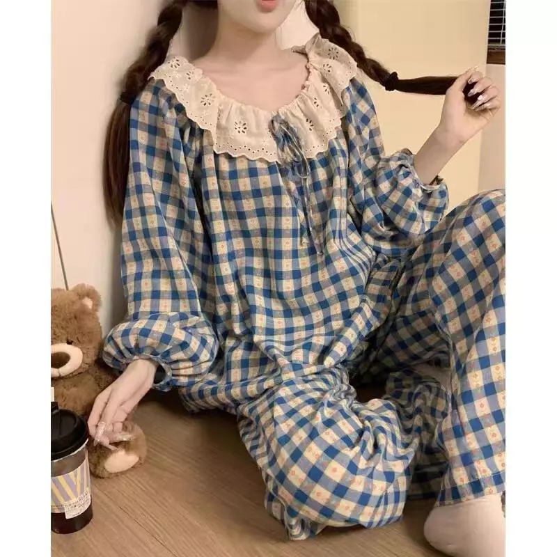 【HOT】Bộ Đồ Ngủ Hàn Quốc Dài Tay Dài Chân Bằng Cotton - Kiểu Dáng Ngọt Ngào, Đăng Ten Xinh Xắn & Cá Tính Thời Thượng | Freeship