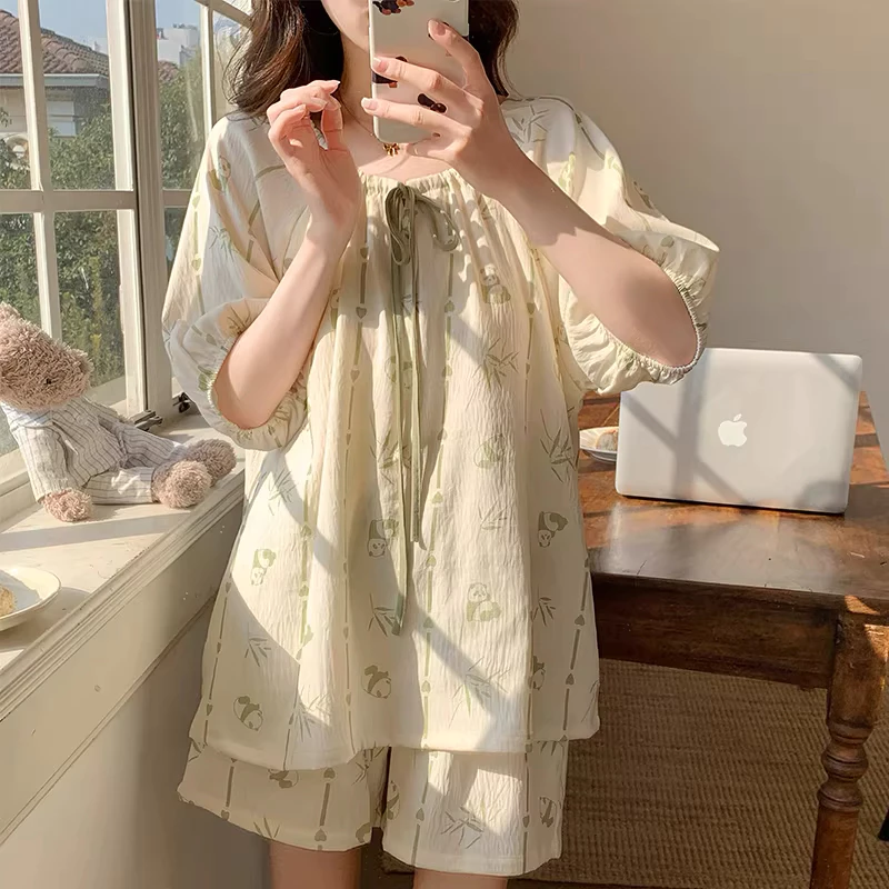 【Cotton mỏng mùa hè】Bộ đồ ngủ mặc nhà tay ngắn quần ngắn phong cách thoải mái tươi mát