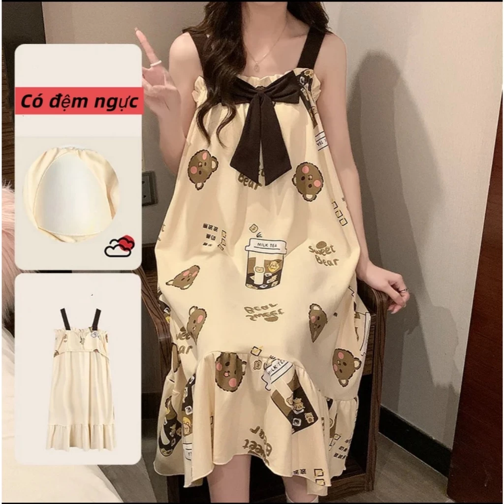 MI3PF1095【Có độn ngực】Đầm ngủ nữ phong cách tươi mát dễ thương mới xuân hè 2026: Áo dây quai cotton mát in hình hoạt hình ngọt ngào, thiết kế rộng rãi thoải mái【mặc nhà hay dạo phố đều đẹp】