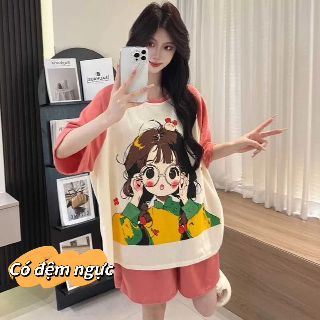 【Bán chạy kèm miếng ngực】Bộ đồ ngủ mặc nhà mùa xuân hè cotton thoáng mát – áo ngắn tay + quần short/ quần dài