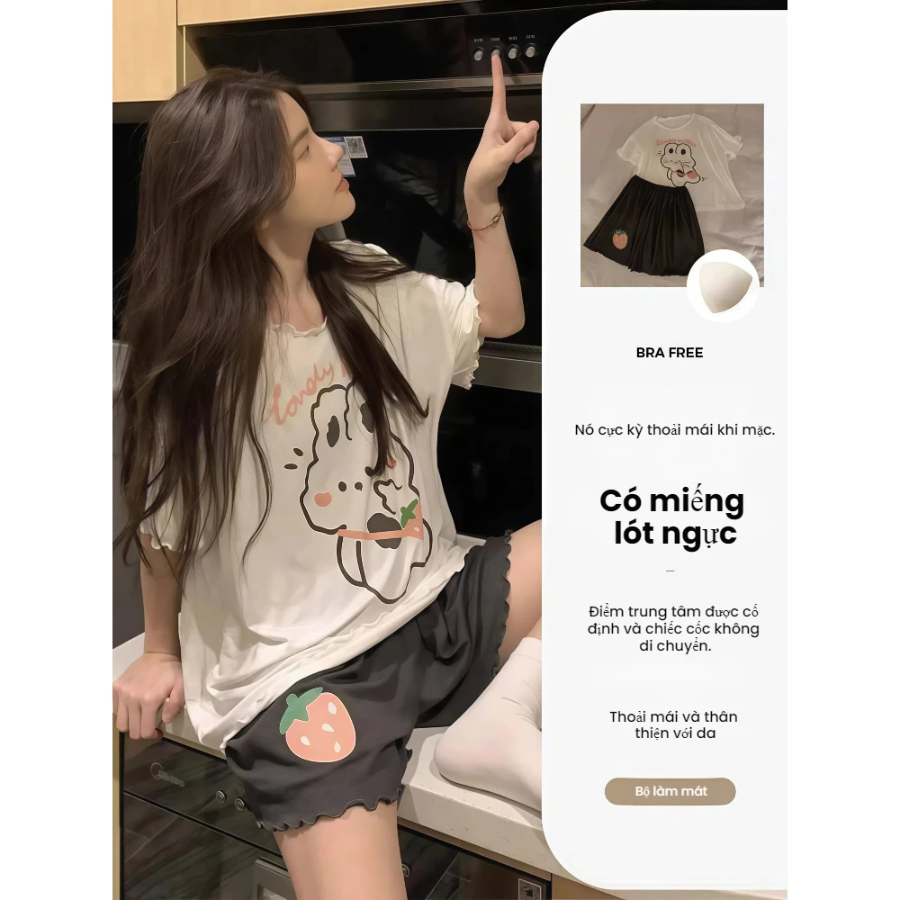 Bộ đồ ngủ nữ ngắn tay quần short cotton mây có đệm ngực – Phong cách Hàn Quốc dễ thương – Mặc nhà thoải mái, mẫu hè 2026