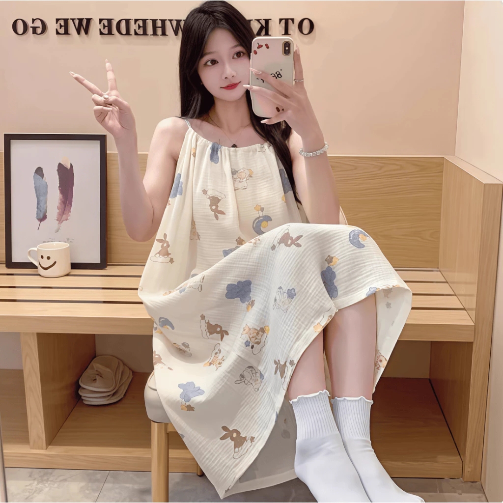 Phong cách thuần khiết | Dáng dây | Mới hè | Không tay | In hình dễ thương | Kiểu hở vai | Đầm liền | Mặc ở nhà & Mặc ngoài đường | Váy ngủ