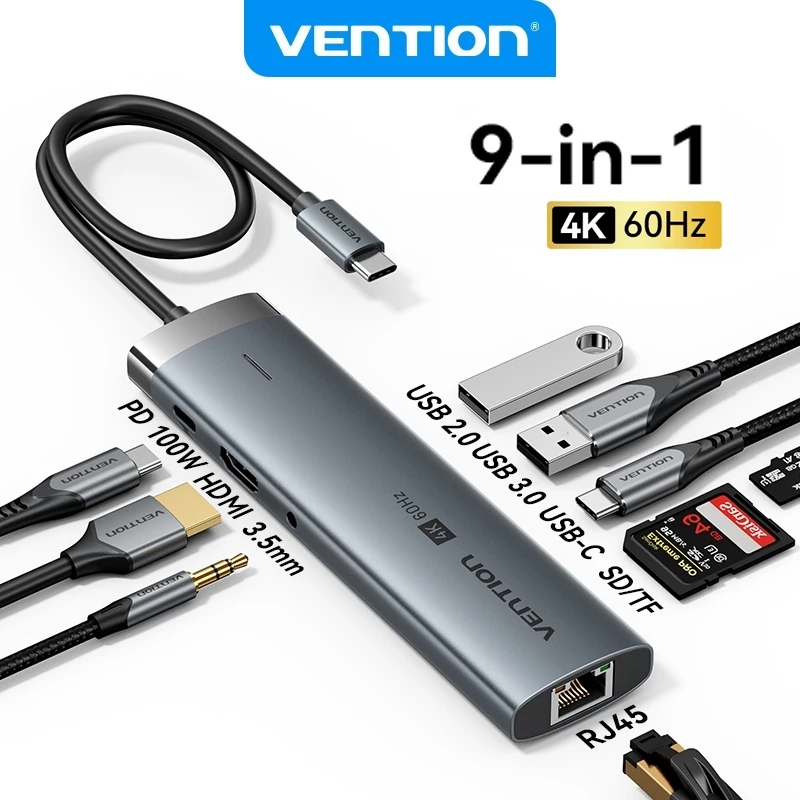 Vention HUB 9 IN 1 với HDMI 4K 60hz Bộ Chia Cổng 10Gbps pd100w hdmi Sang Cổng usb 9 Trong 1 Tiện Dụng