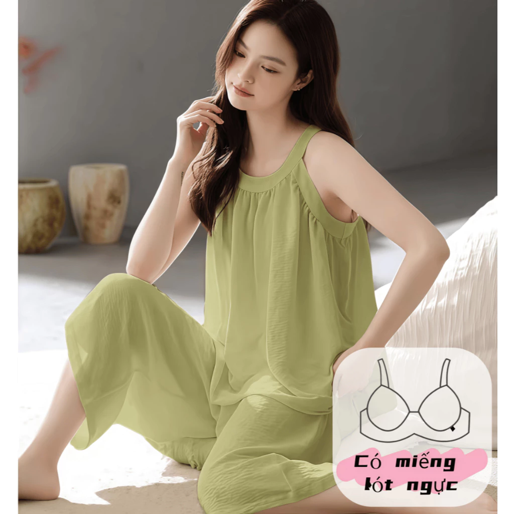 【Có mút ngực】Bộ đồ ngủ nữ cotton cao cấp, màu trơn, kiểu dáng không tay + quần dài 7 phân, thoáng mát cho mùa hè