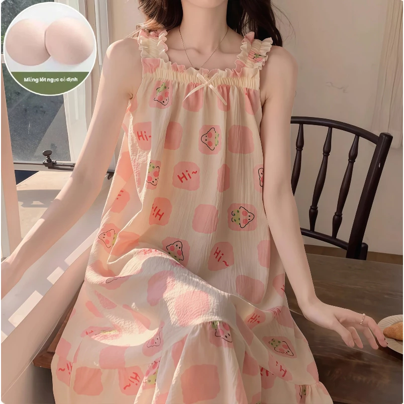 Đầm ngủ dây quai chất liệu vải bong bóng mẫu mới 2026 cho mùa hè, size lớn rộng rãi, có đệm ngực, phong cách dễ thương kiểu thư thái dành cho thiếu nữ, dáng mỏng nhẹ.