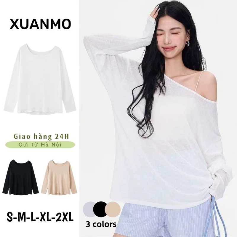 Áo thun nữ tay dài vai lệch màu trắng mỏng nhẹ, chống nắng, phù hợp mặc hàng ngày