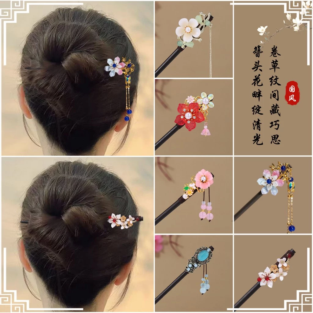 Kẹp tóc nữ Hanfu Style với tua rua và hạt lắc cổ gỗ - Phù hợp cho người yêu thích trang phục truyền thống Trung Quốc