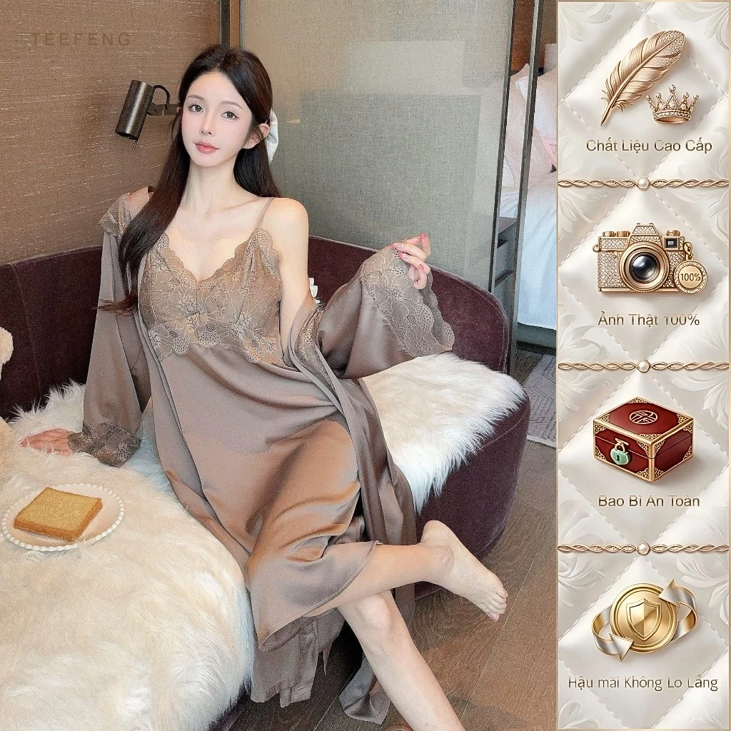 TEEFENG Bộ Váy Ngủ Hai Mảnh Nữ Cao Cấp Ren Lụa Phong Cách Sang Trọng Sling Dài Tay Mùa Hè Homewear