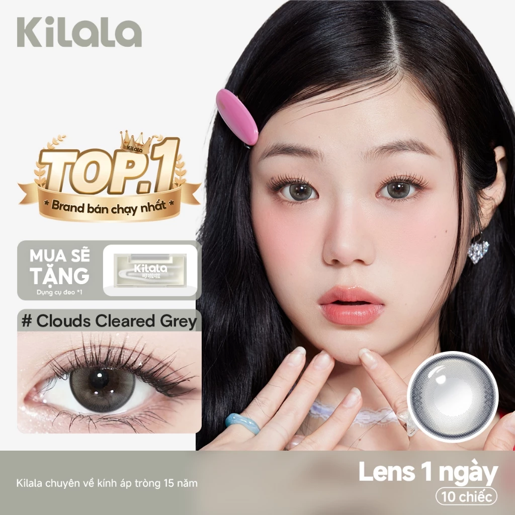 10 chiếc Kính áp tròng Kilala lens 1 ngày màu xám Clouds Cleared Grey DIA 14.2mm có độ (0-8)