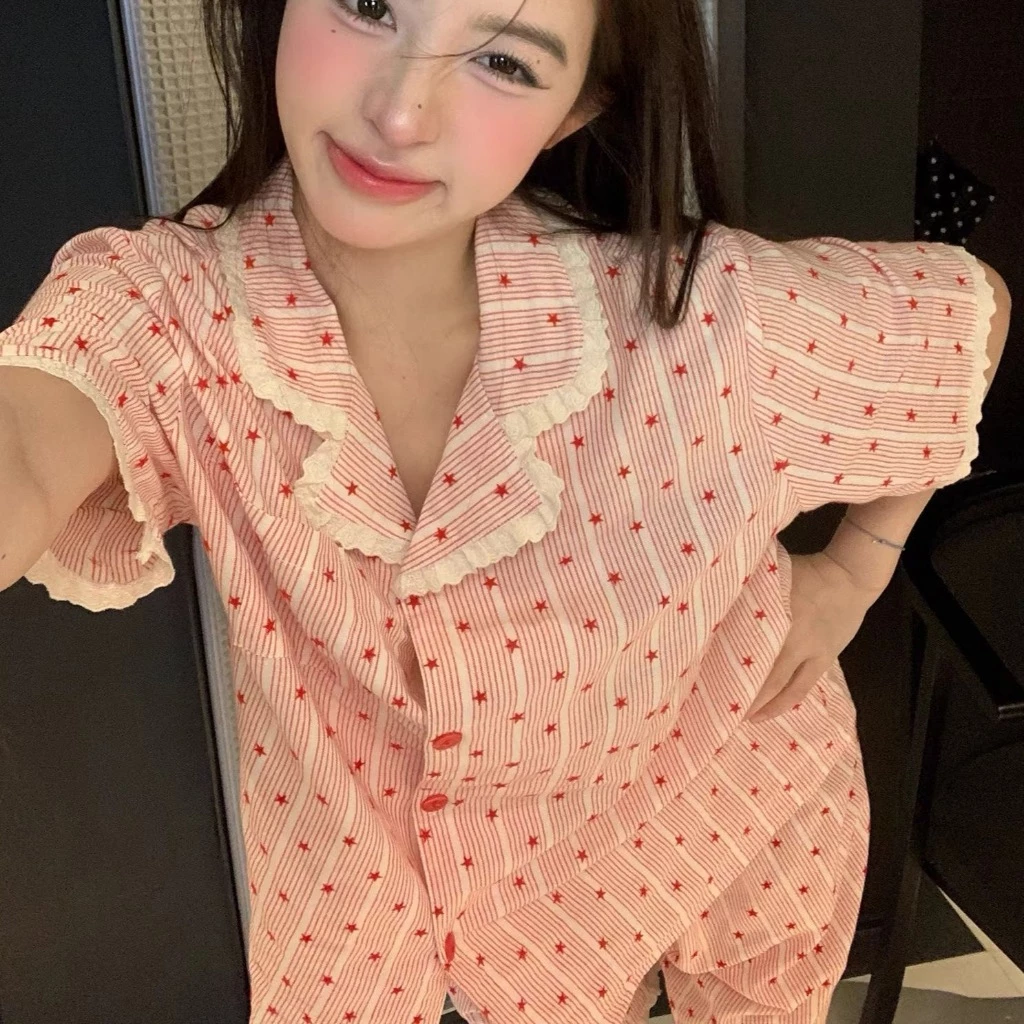 Bộ đồ ngủ nữ thiết kế ngôi sao đáng yêu, viền ren ngắn tay