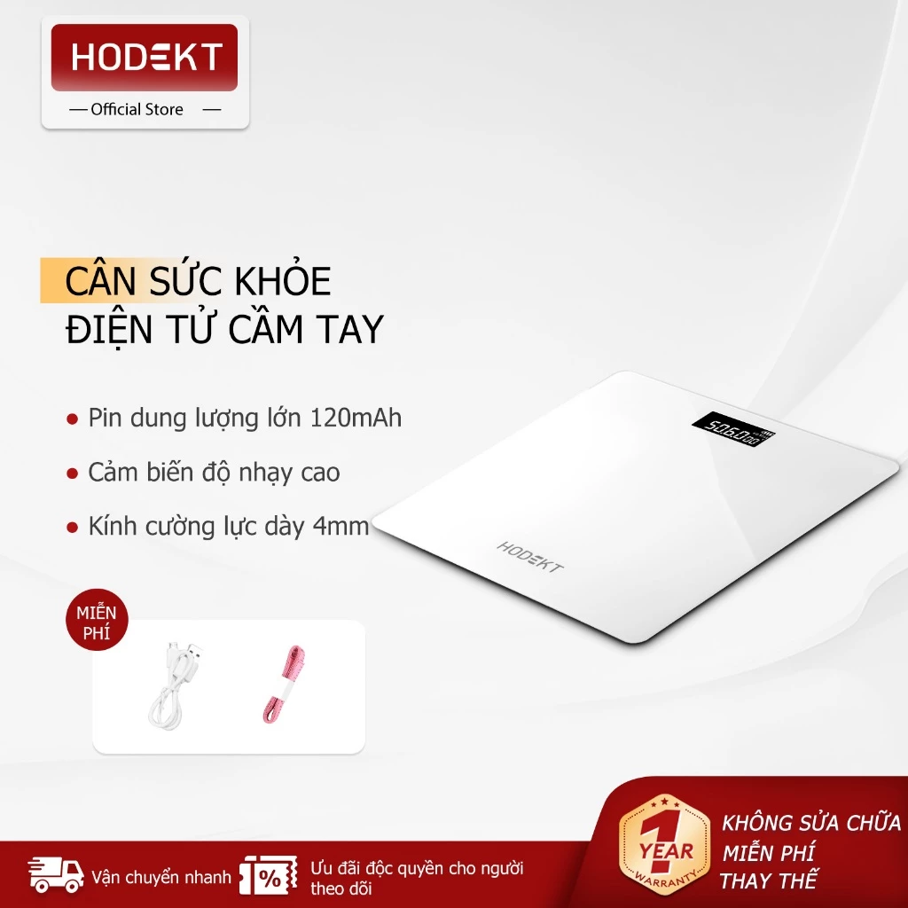 Cân Điện Tử Sức Khỏe HODEKT Sạc USB, Độ Chính Xác 0.1kg, Tải 180kg, Màn Hình LCD, Pin 120mAh