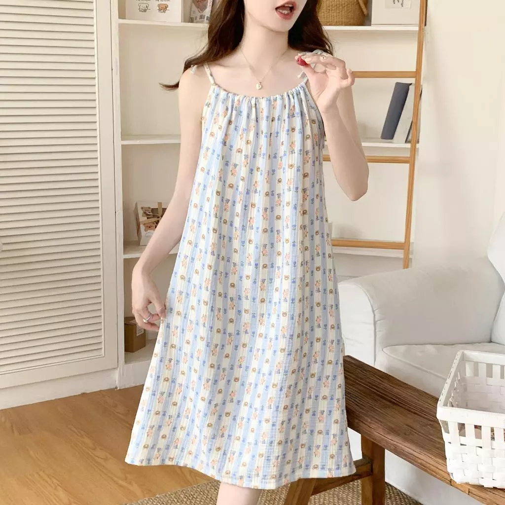 【Thanh lý】【Dây đai điều chỉnh】Váy ngủ dài mùa hè cotton buộc dây quai mảnh, đầm mặc nhà phong cách thời trang sexy cho nữ