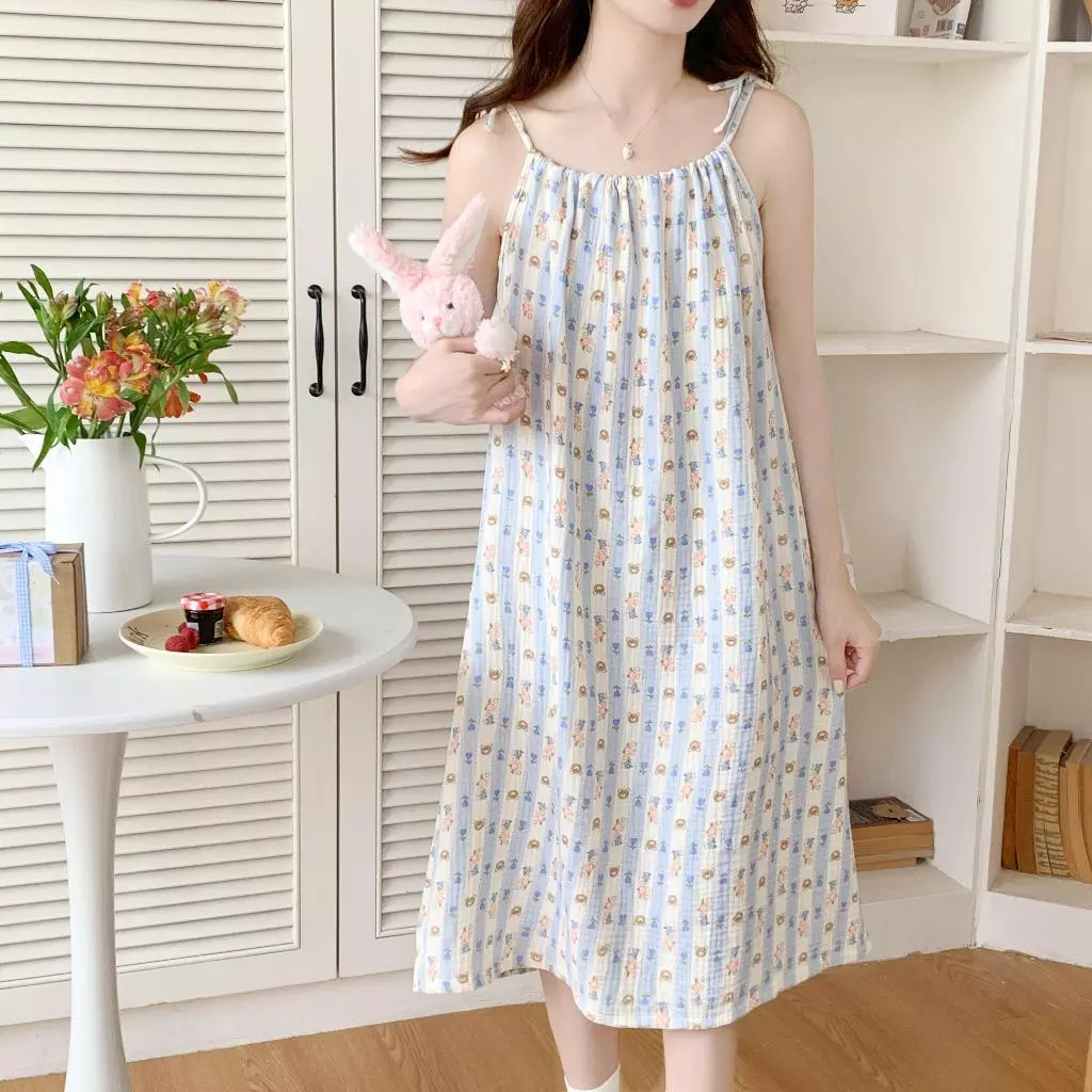 Áo ngủ nữ dáng dài quai dây rộng rãi thoải mái, chất liệu cotton nguyên chất thoáng mát – Mẫu mới thời trang mùa hè