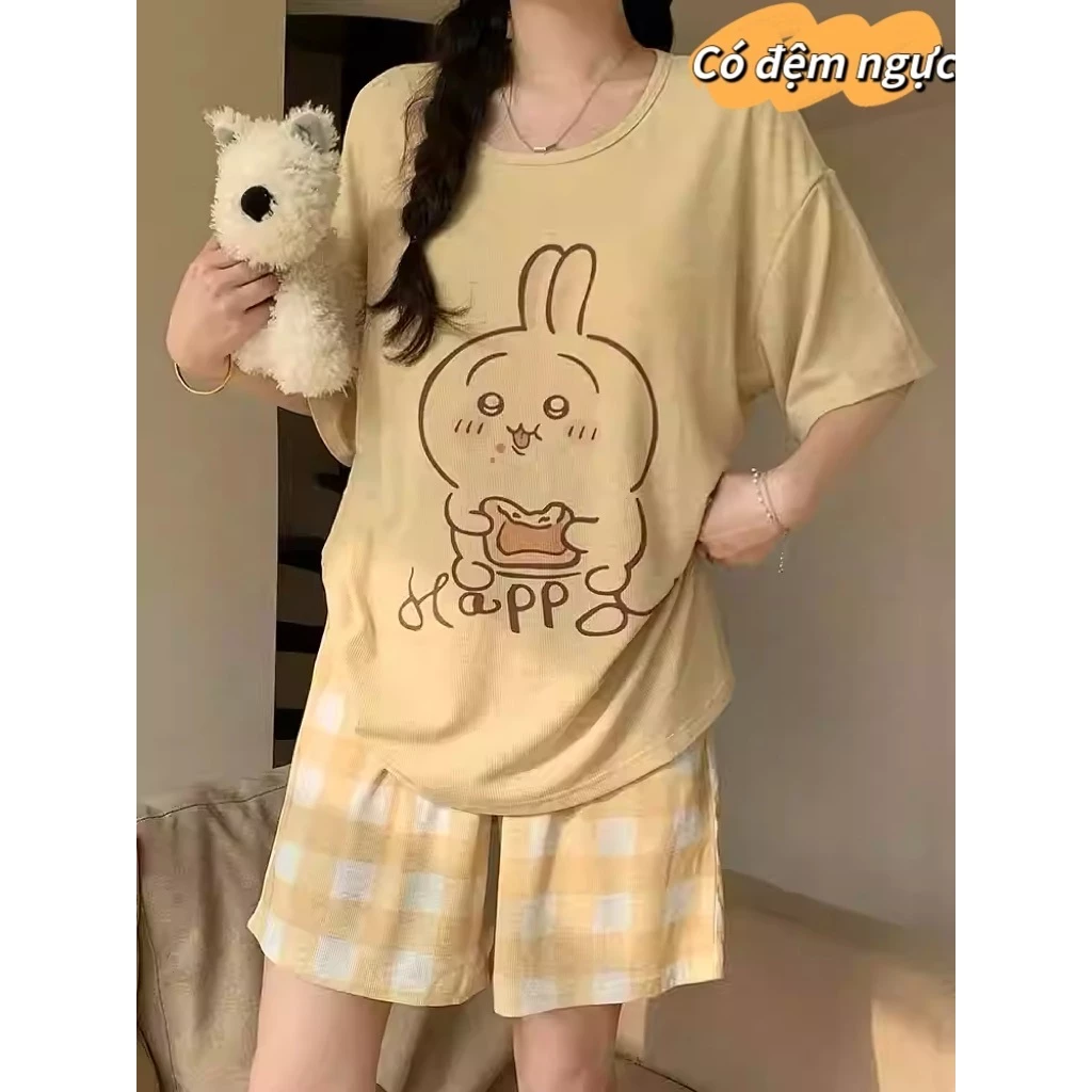 【Cotton có miếng ngực】Bộ đồ ngủ mùa hè mỏng nhẹ – Tay ngắn + quần short – Cổ tròn – Phong cách ngọt ngào dễ thương – Dành cho nữ sinh / phong cách thiếu nữ