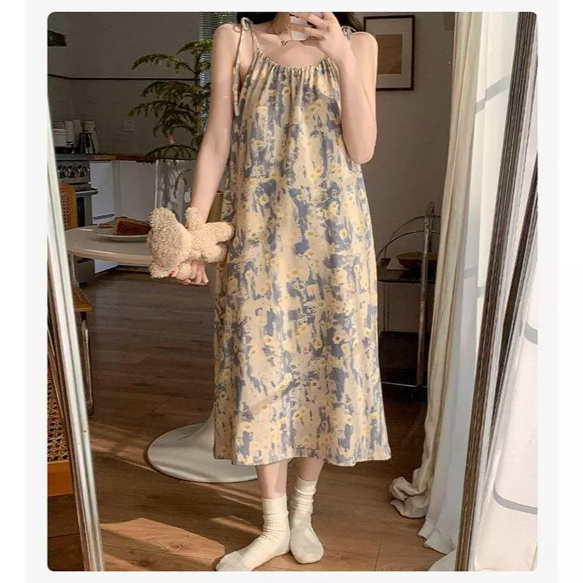 Áo ngủ nữ dáng dài quai dây mùa hè mới nhất, chất liệu cotton nguyên chất thoáng mát, rộng rãi thoải mái – Phong cách thời trang gợi cảm cá tính