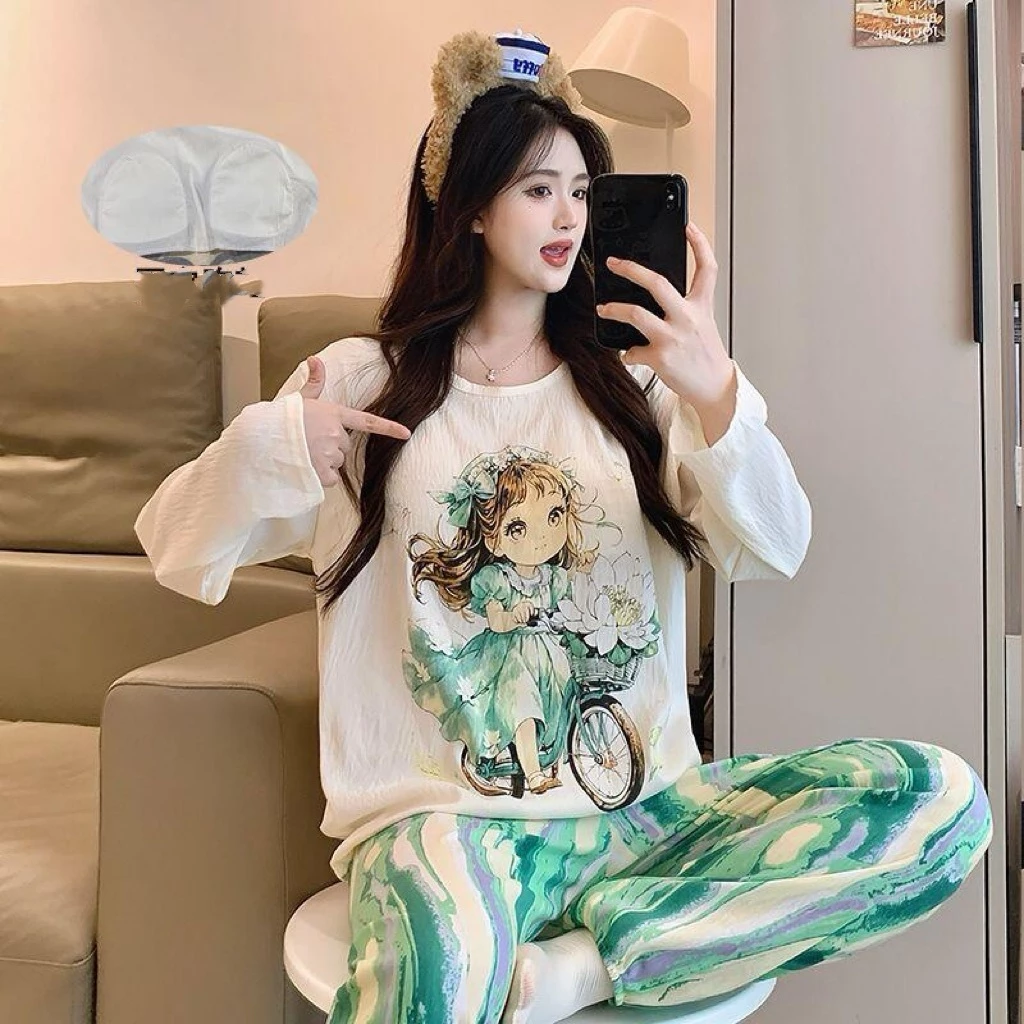 【Bán Chạy】Set Đồ Ngủ Nữ Cao Cấp Có Đệm Ngực - Chất Cotton Ấm Áp Thu Đông - Phong Cách Ngọt Ngào Thời Trang (Áo & Quần)