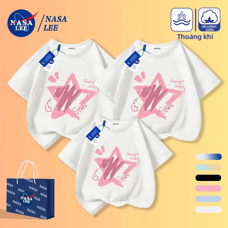 [Giao hàng trong ngày] Áo thun Cotton rộng rãi của NASA Quần áo bé trai bé gái Ngôi sao màu hồng Trẻ em 4-16 tuổi cổ tròn tay ngắn