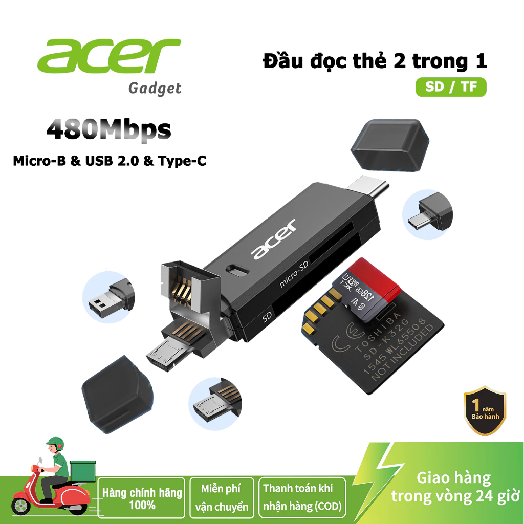 Acer Đầu đọc thẻ USB-C USB-B Type C OG 3 TRONG 1 Bộ chuyển đổi thẻ nhớ SD / TF đa năng C USB B Micro Đầu đọc thẻ Trans tốc độ cao cho điện thoại Laptop UC581