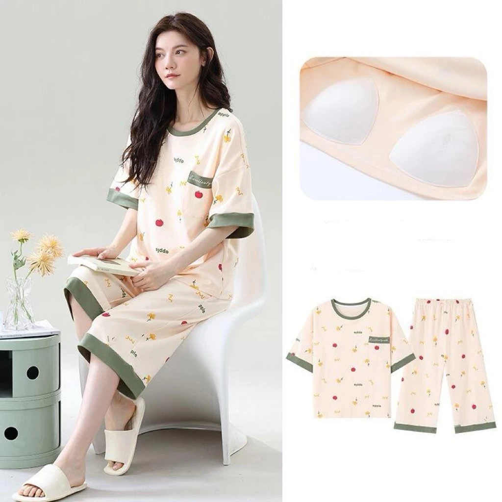 【Bông nguyên chất có miếng lót ngực】Bộ đồ ngủ mùa hè phong cách Hàn Quốc - Áo thun ngắn tay mỏng + Quần 7 phân, thiết kế thời trang, thoáng mát, thích hợp mặc ở nhà