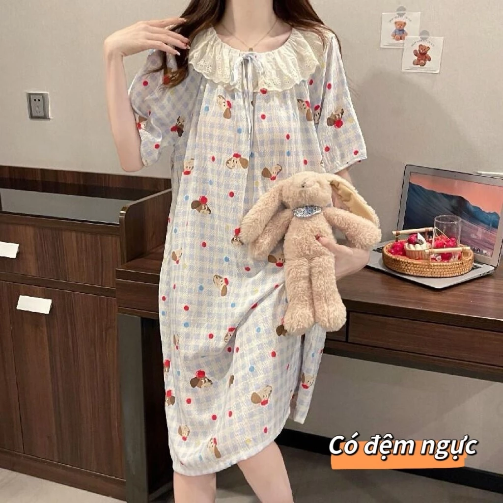 Bộ đồ ngủ nữ dễ thương mới thu xuân 2026: Áo cổ bẻ viền ren + quần cotton mát, in hình ngọt ngào【mặc nhà hay dạo phố đều đẹp】