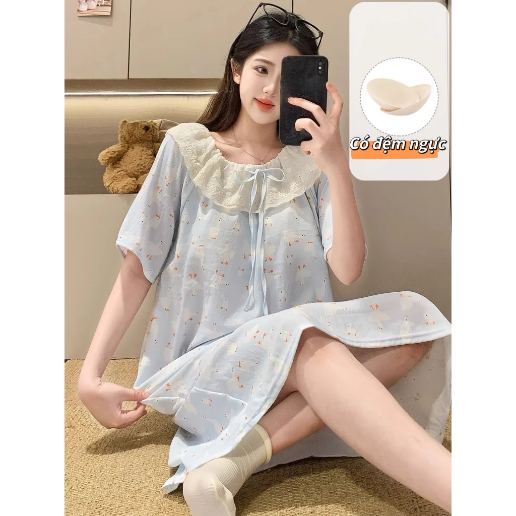 Đồ ngủ nữ cotton có miếng độn ngực| Đầm ngủ dáng dài tay ngắn mùa hè mới nhất viền ren ngọt ngào thoáng mát