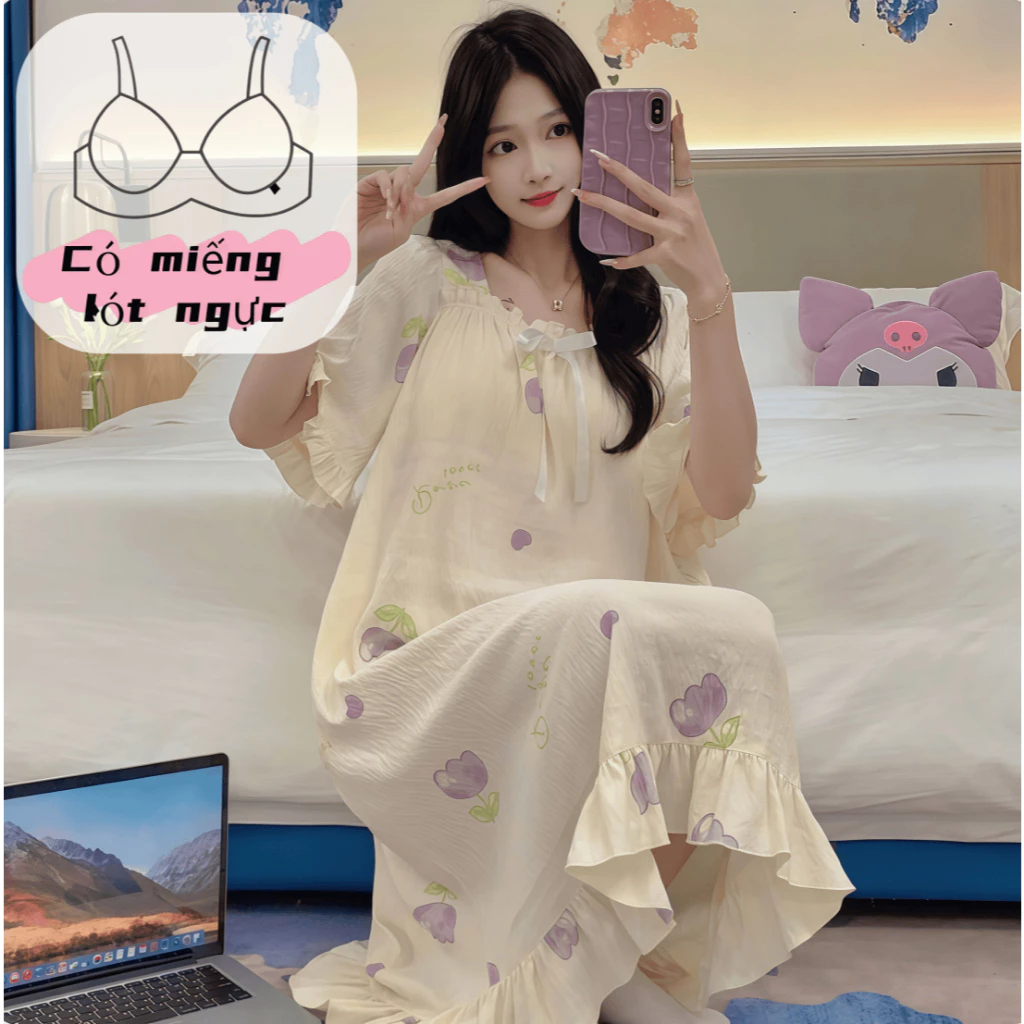 【Có ngực độn】Đầm ngủ nữ cotton mát mẻ, tay ngắn in hình dễ thương, váy ngủ dáng suông rộng dài giữa gối, hàng mới xuân hè