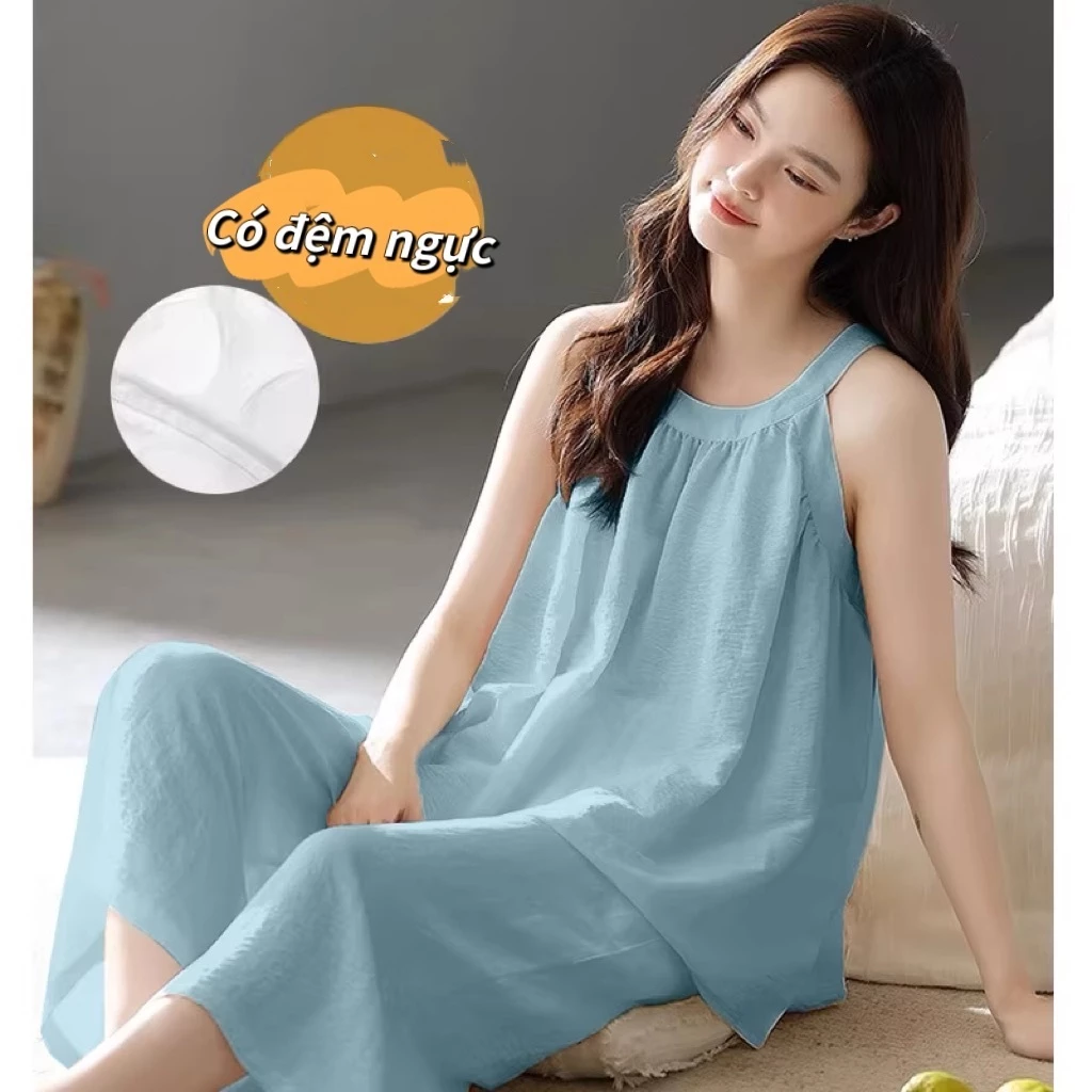 Đồ ngủ nữ cotton có miếng độn ngực| Bộ đồ ngủ mùa hè mới nhất không tay quần dài 7 phân phong cách thanh lịch sang trọng dành cho văn phòng