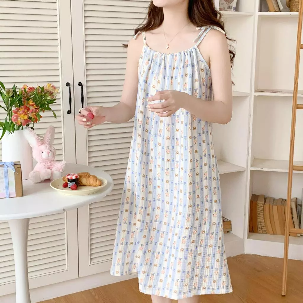Đầm ngủ dáng dây cotton bán chạy nhất| Đồ ngủ nữ mùa hè hot trend INS phong cách cá tính thời trang thoải mái