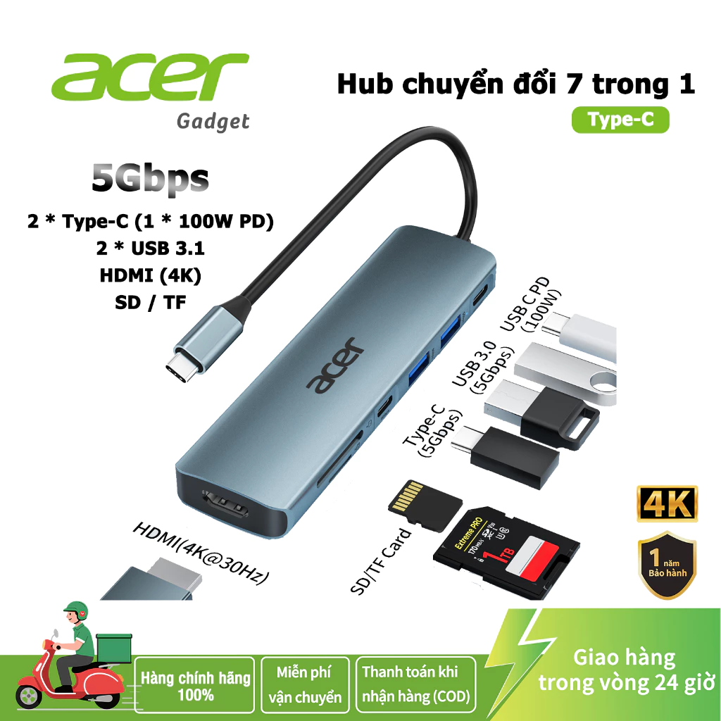 Acer USB C Hub chuyển đổi Type C 7 trong 1 với HDMI 100W PD USB 3.0 5Gbps Đầu đọc thẻ SD Tương thích với máy tính xách tay / PC / Máy tính để bàn UC707