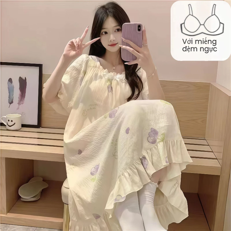 Váy ngủ tay ngắn có miếng lót ngực chất liệu cotton mây, phong cách ngọt ngào như công chúa anime, phù hợp mùa hè