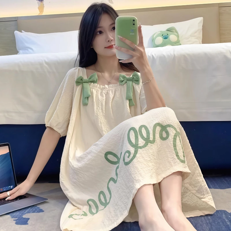 【HÀNG MỚI】Đầm Ngủ Nữ Cotton Nhăn Nhẹ Tay Ngắn - Dáng Phồng Rộng Rãi, Nơ Xinh Xắn - Mặc Nhà Hay Dạo Phố Đều Đẹp, Tôn Dáng, Thoáng Mát
