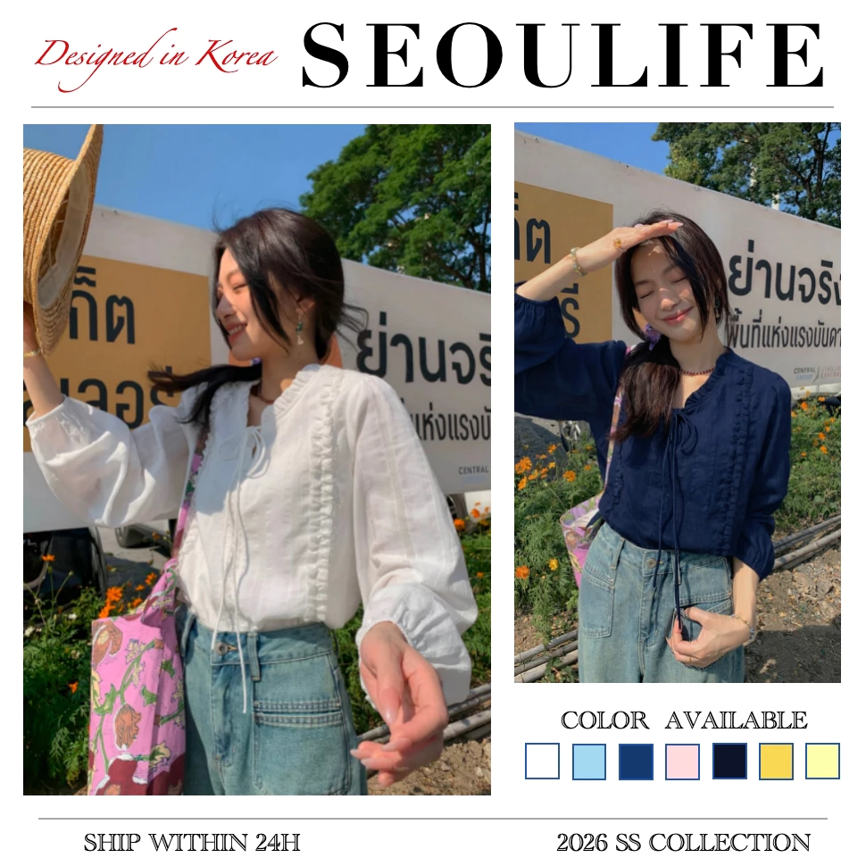 SEOULIFE | Áo sơ mi nữ ren bèo tay dài form rộng phong cách Hàn Quốc áo kiểu nữ thanh lịch dễ thương