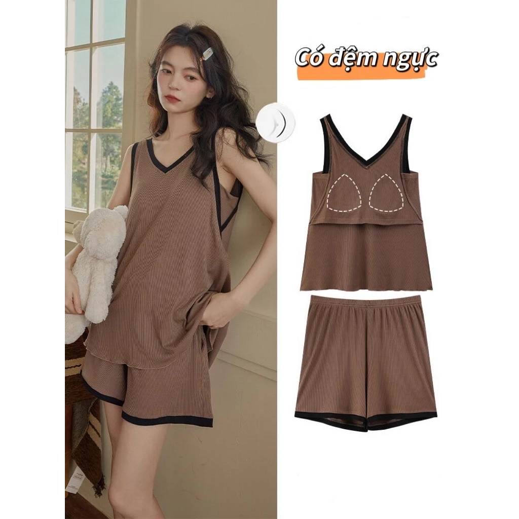 [CÓ MIẾNG LÓT NGỰC] Bộ đồ ngủ mùa hè chất liệu cotton lạnh (Ice Silk) cao cấp, áo ngắn tay + quần short – Dạng gân nổi, mát lạnh thoải mái, dễ chịu suốt ngày dài