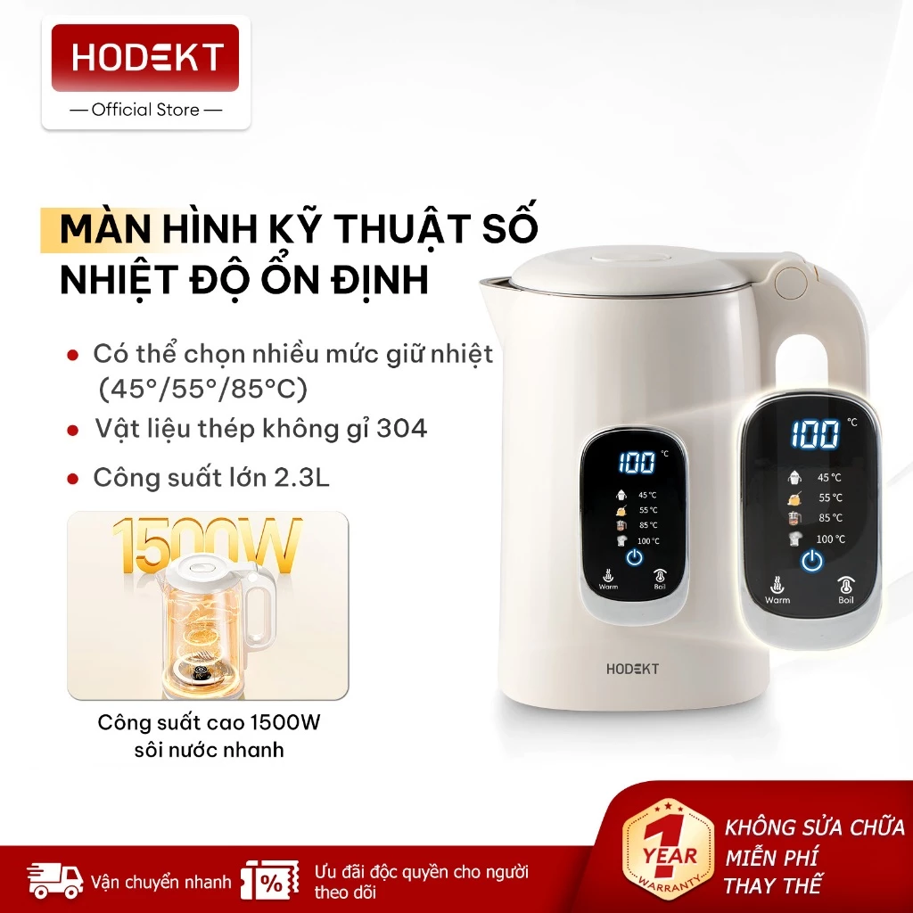 Ấm Đun Nước Điện Màn Hình Số HODEKT 2.3L 1500W Đun Sôi Nhanh 5 Phút 4 Mức Nhiệt (45°C-100°C)