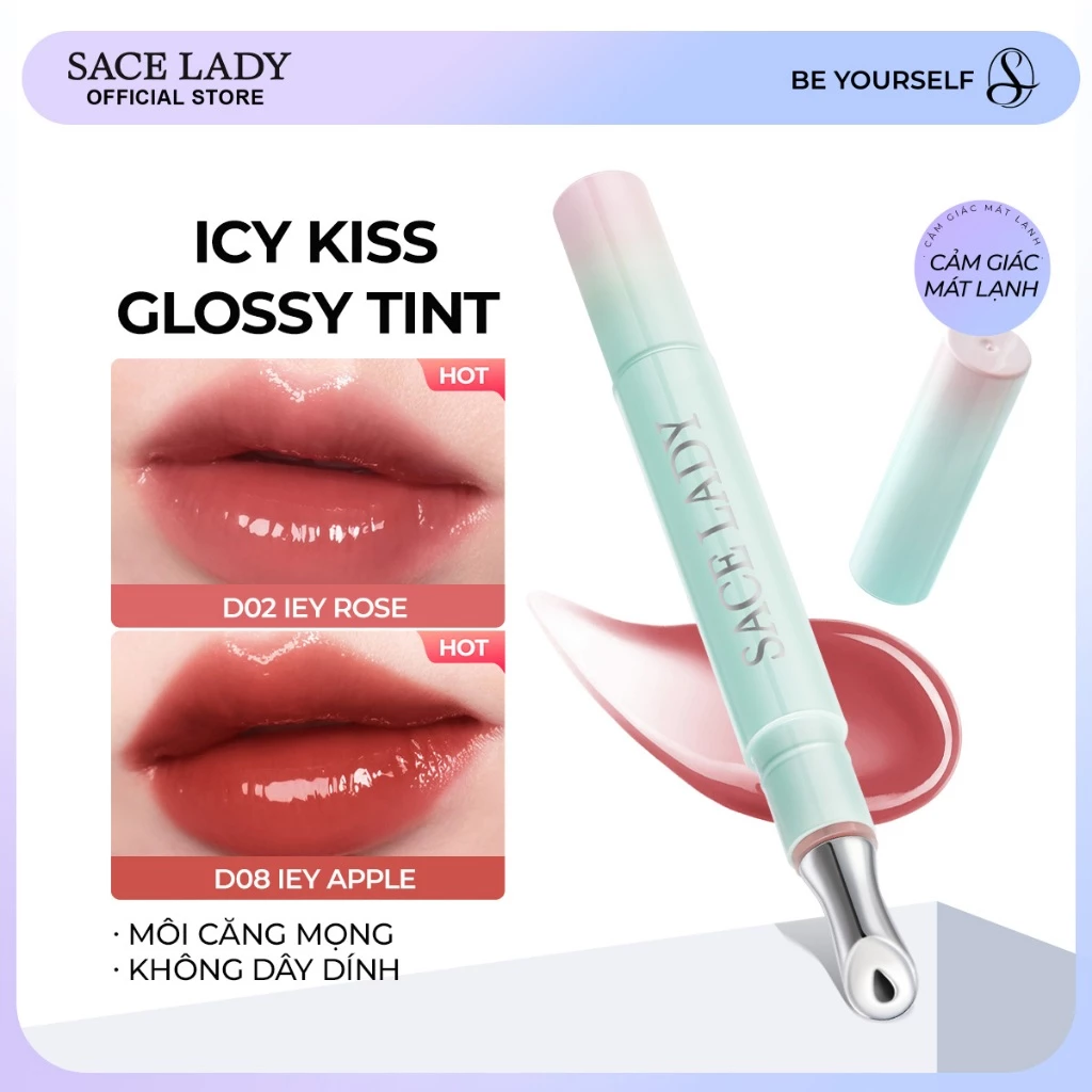 Son Tint Bóng SACE LADY Icy Kiss glossy tint  màu bóng lâu trôi không dính Son Elsa 1.8g
