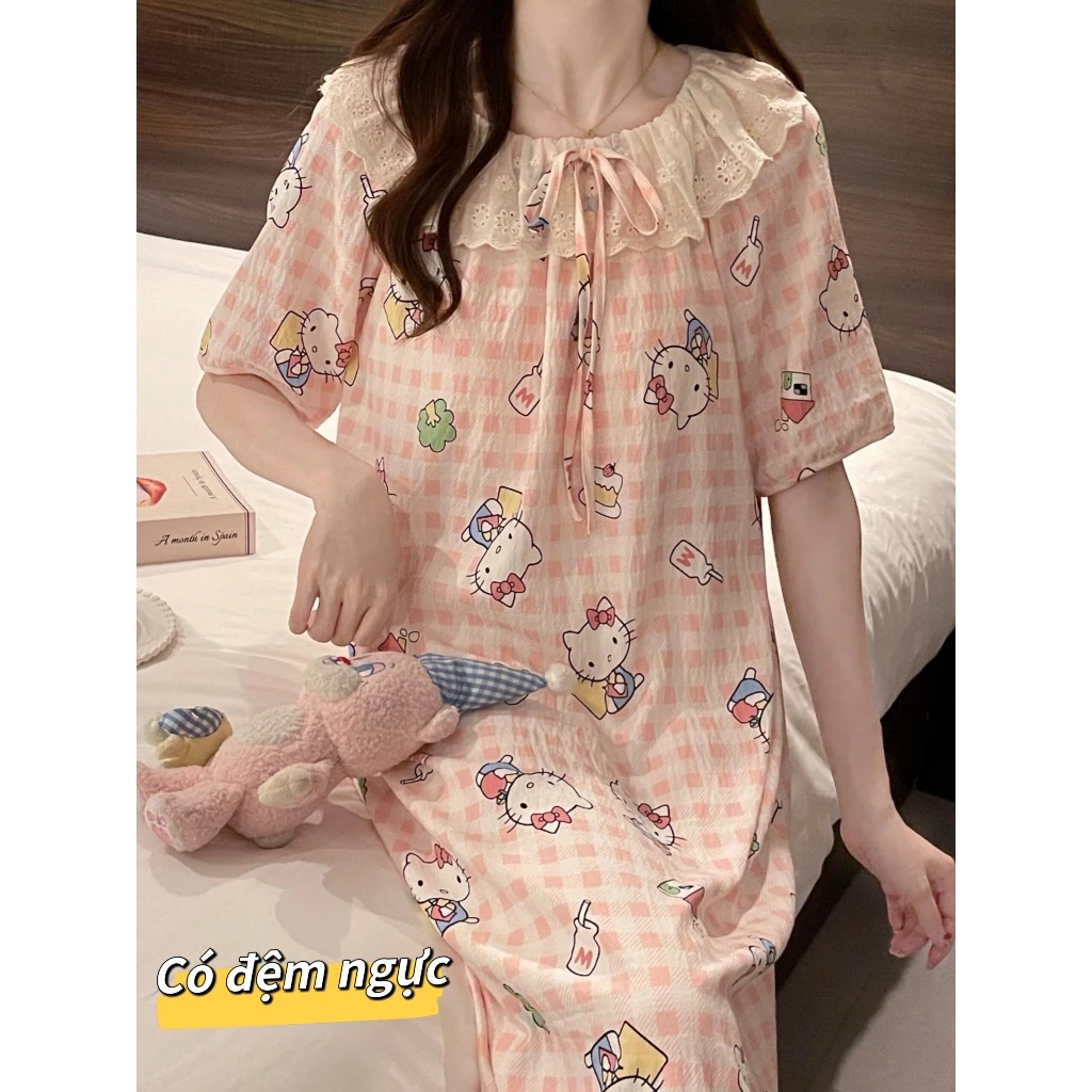 【Cotton Nguyên Chất Có Miếng Độn Ngực】Váy Ngủ Dáng Dài Mùa Hè Mới Nhất - Cổ Búp Bê Viền Ren - Phong Cách Dễ Thương, Thời Trang & Ngọt Ngào (Đồ Mặc Nhà Cho Nữ)
