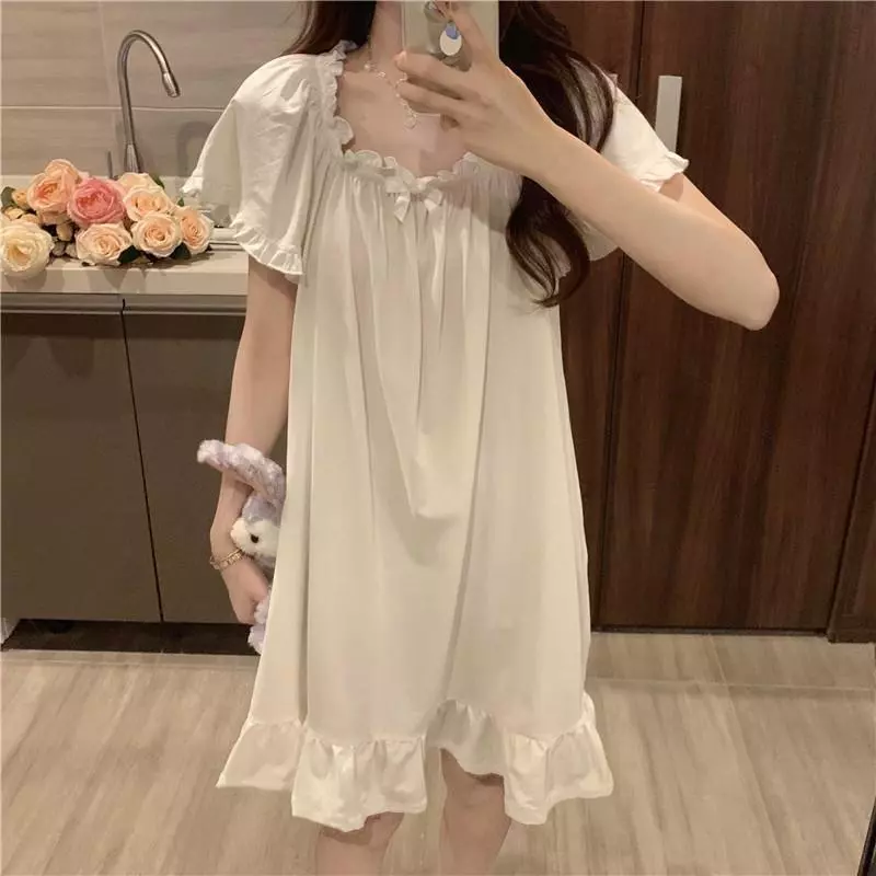Váy ngủ nữ tay xếp nếp phong cách công chúa, Pyjama trắng dễ thương, Đồ ngủ mùa hè mềm mại thoáng khí
