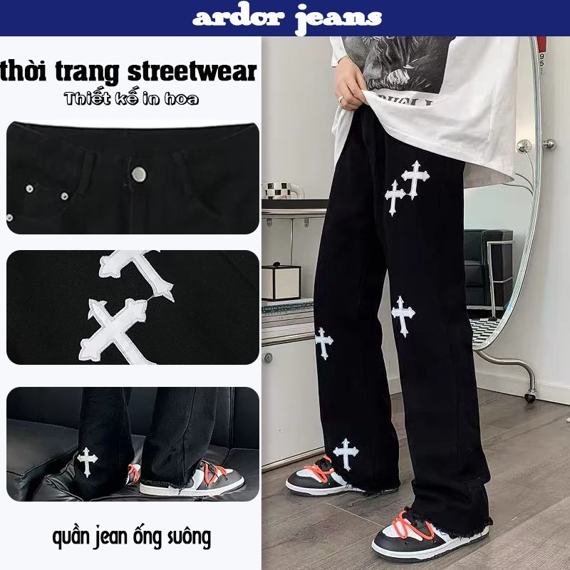 quần jean nam Ống suông dáng baggy boy phố hiphop Wash đen Chất Vải Dày Dặn cao cấp mẫu chữ thập