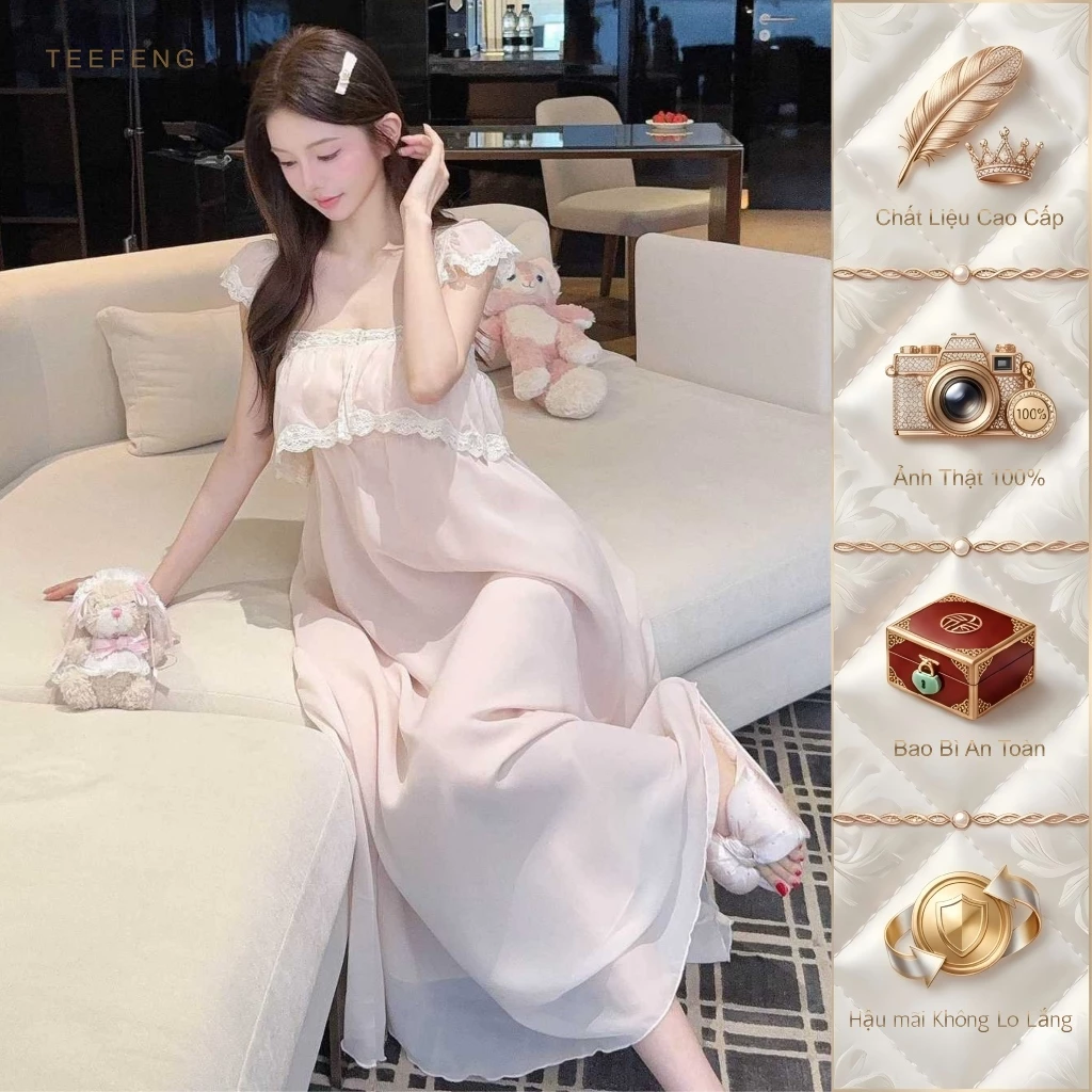 TEEFENG Váy Ngủ Nữ Nữ Mùa Hè Vải Chiffon Sling Phong Cách Cung Đình Có Miếng Lót Ngực Mặc Nhà