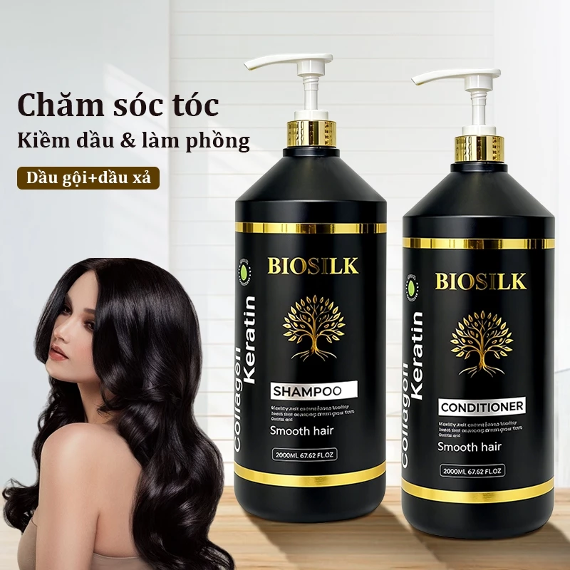 Dầu gội và dầu xả BIOSILK, dung tích lớn 2000ml, làm sạch tóc, chăm sóc tóc, mịn màng và không xoăn