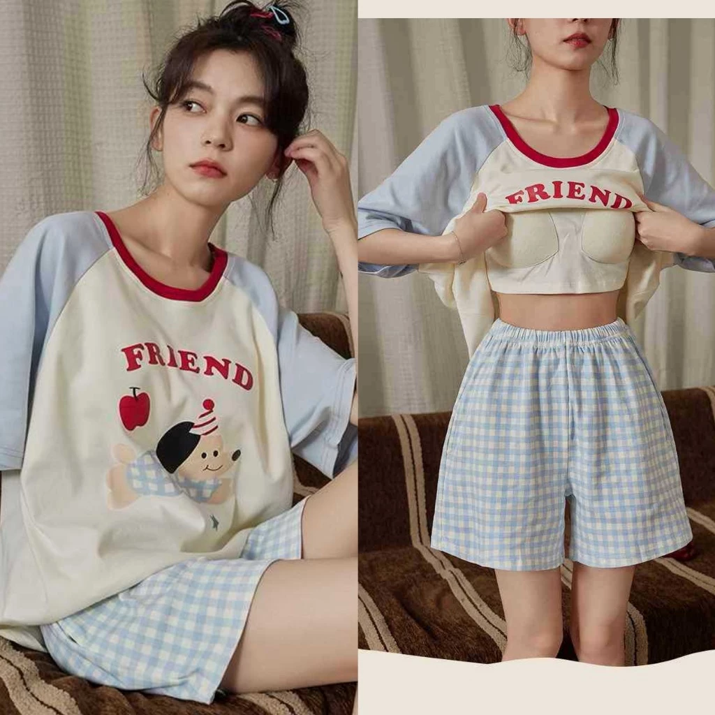 Đồng phục ngủ cao cấp tay ngắn quần short mùa hè 2026 - Chất liệu cotton mềm mại, có đệm ngực - Bộ đồ mặc nhà thoải mái