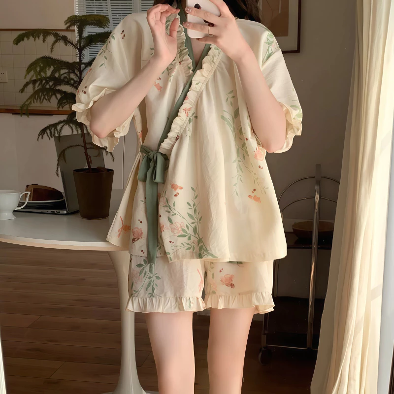 Bộ Đồ Ngủ Nữ Phong Cách Tân Trung Hoa - Áo Thun Ngắn Tay & Quần Dài Chất Cotton Hoa Nhí, Có Dây Rút, Set Đồ Mặc Nhà Thoải Mái, Hàng Mới Xuân 2026