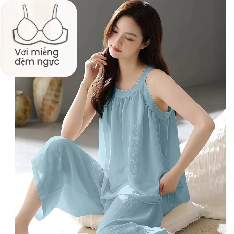 Bộ đồ mặc nhà nữ dây mỏng có đệm ngực kèm quần lửng – Chất liệu mát lạnh, mỏng nhẹ, màu trơn thanh lịch – Mặc nhà & ra ngoài phong cách – Mẫu hè 2026