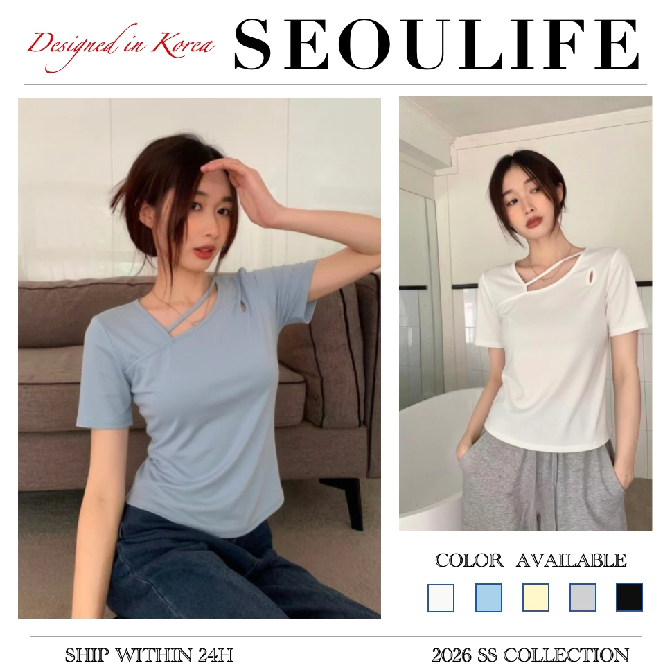SEOULIFE | Áo thun nữ cổ bất đối xứng, thiết kếSlim Fit cho mùa xuân 2026, áo đeo vai ngắn tay